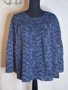 Michael Kors Navy Blue Paisley Poly Elastane Back Zip Flowy Sleeve Ruched Top L